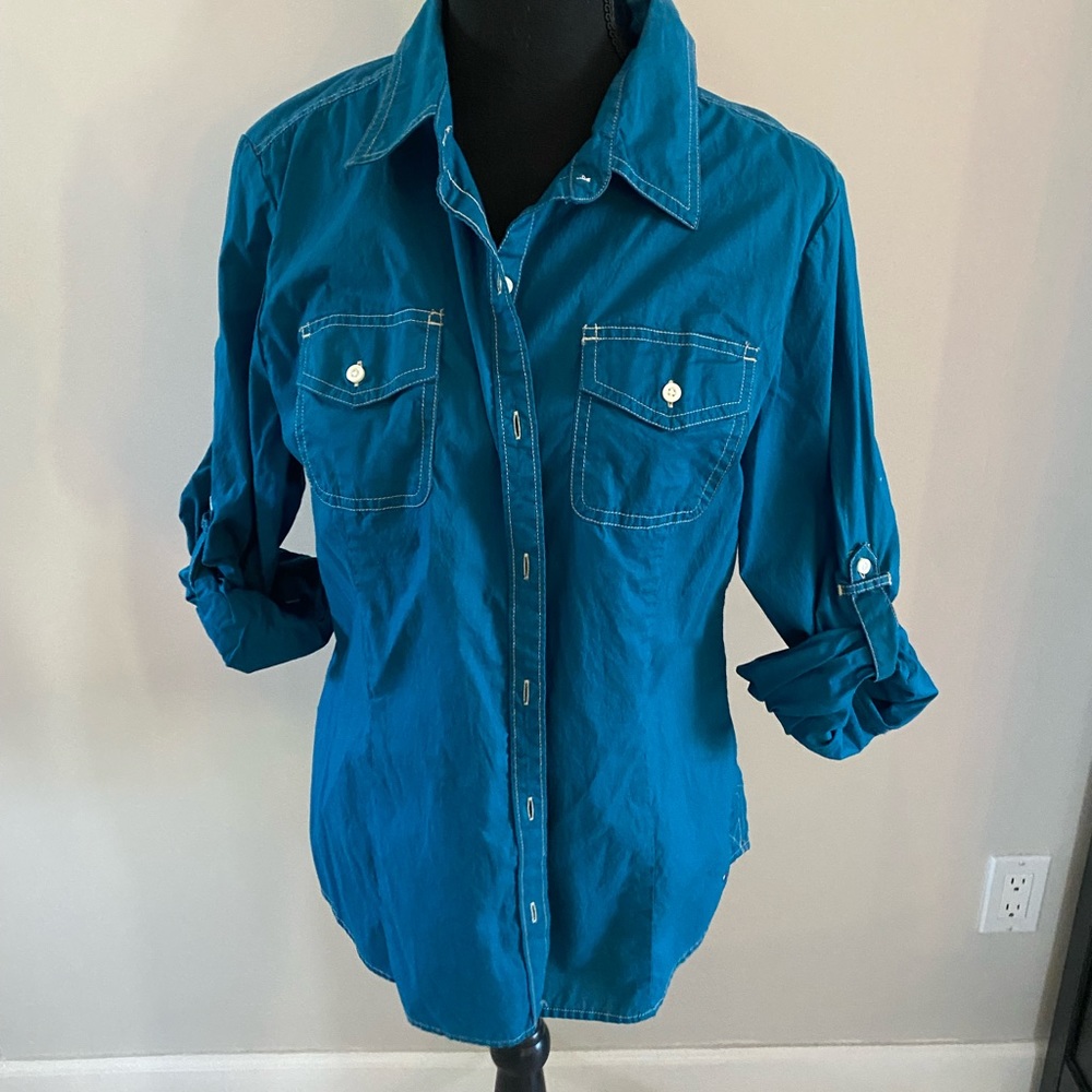Dark teal button down shirt 3/4 sleeve